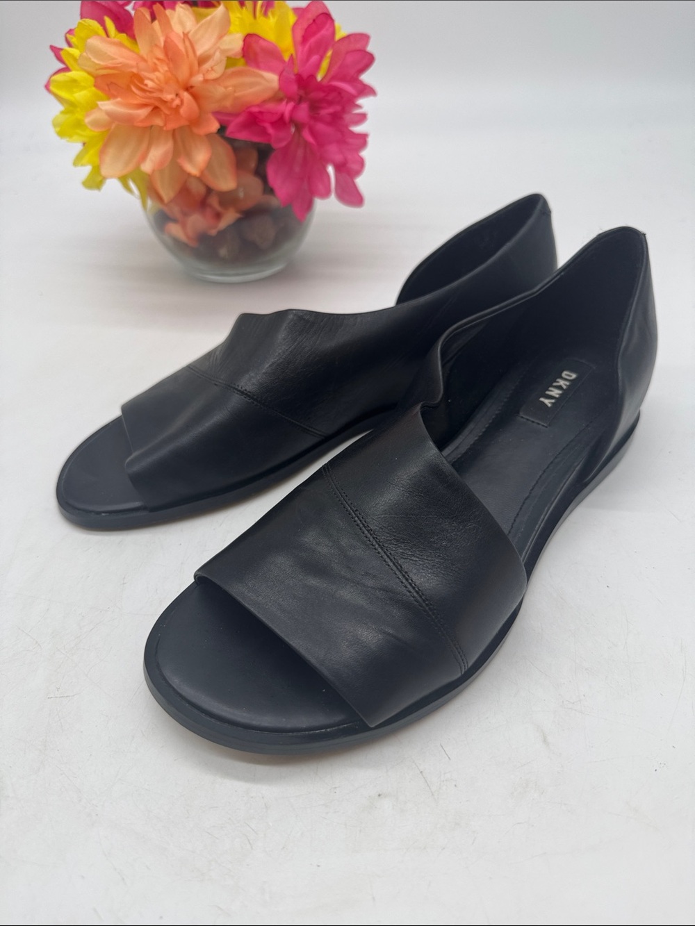 DKNY Black Leather Open-Toe D'Orsay Flats Size 8;5